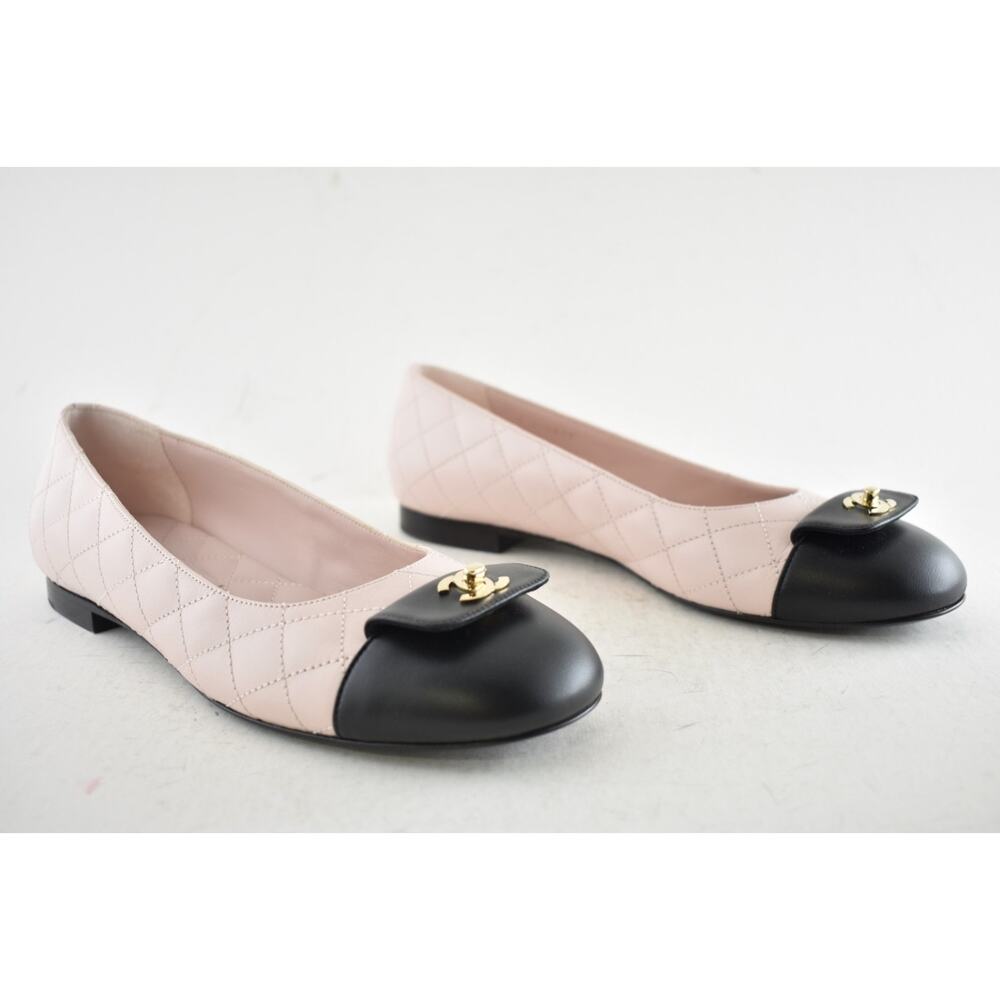 Chanel 24B Pink Black Turnlock Gold CC Logo Quilted Ballet Ballerina Flat 38 - Picture 4 of 15
